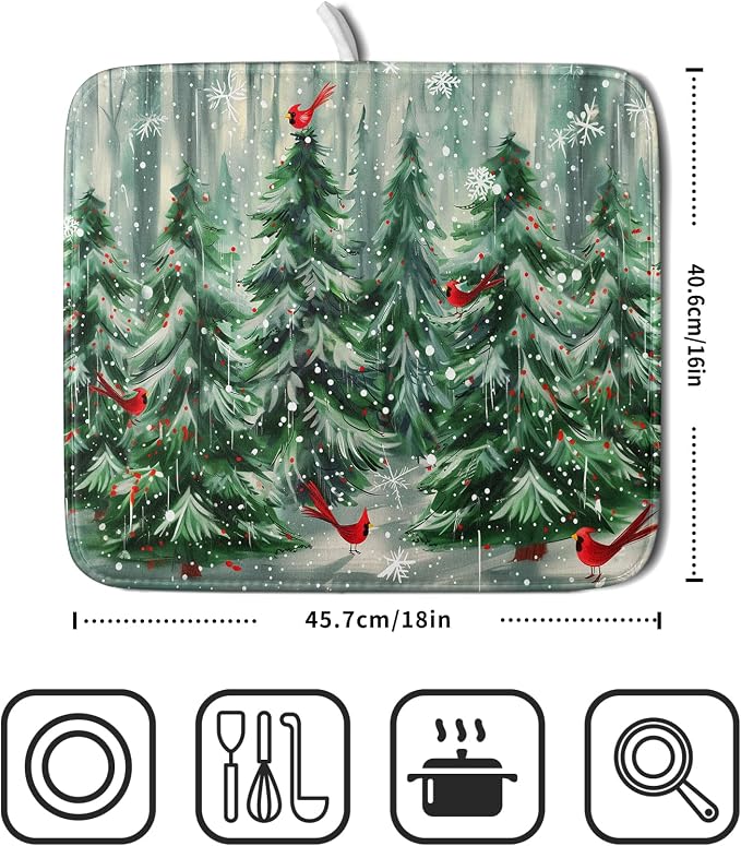 Winter Pine Tree Dish Drying Mat Red Bird Berry Dishes Drainer Mats Absorbent - Image 2