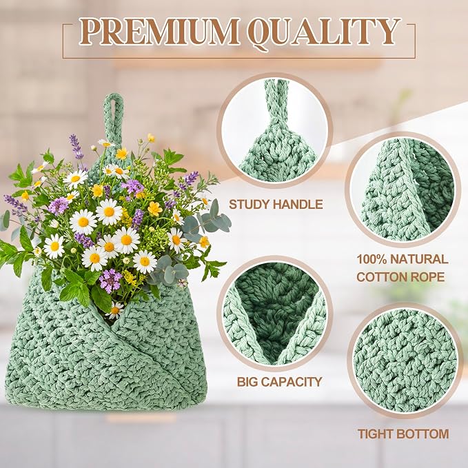 Honeydak 3 Hanging Baskets, Sage Green, Cotton Rope - Image 4