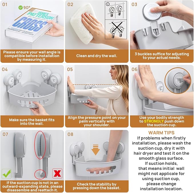 LEVERLOC Corner Shower Caddy Suction Cup, Shower Basket Suction Bathroom - Image 7