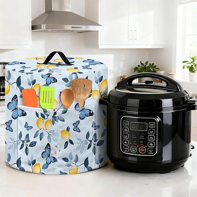 Kitchen Appliance Accessories Dust Cover for 3-6-8 Quart Instant Pot, Pressure Cooker, Air Fryer & Crock Pot,Decorative Appliance Cloth Cover with Top Handle & Storage Pockets (Blue, 8 Quart)