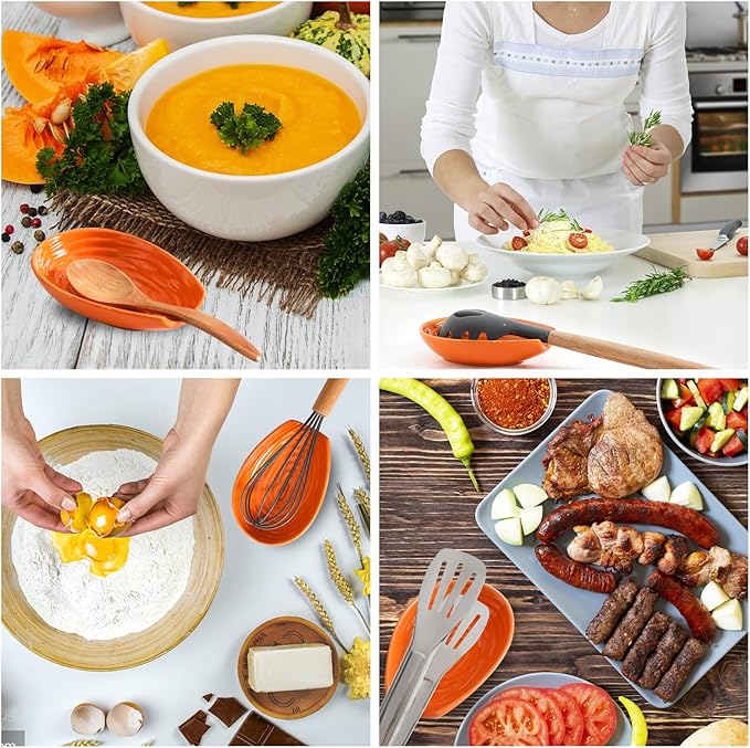 Spoon Rest, Porcelain Spoon Holder for Stove Top, Cooking Utensil Rest Kitchen Gadget Spoon Cradle for Spatula, Ladle, Tongs and Knife, Orange