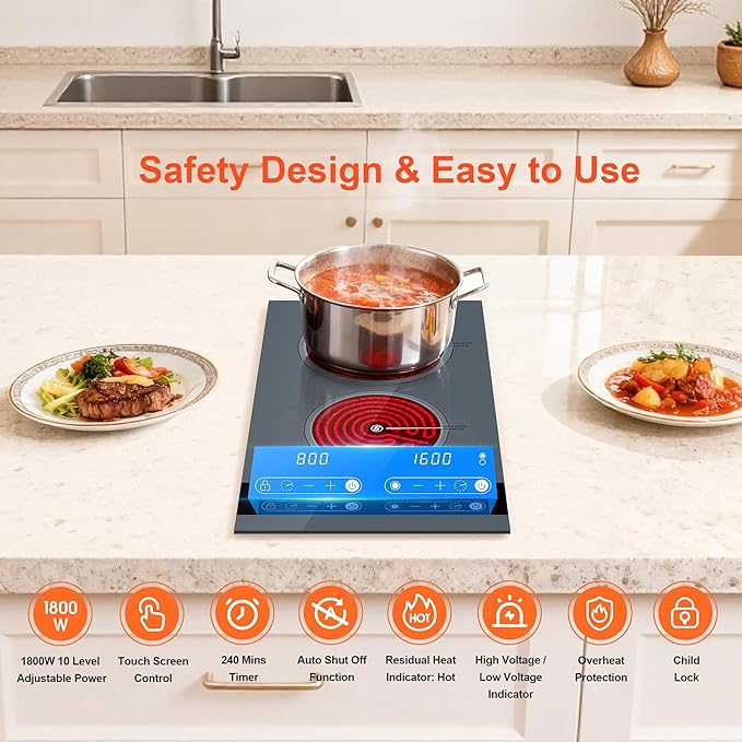Dual Coil Design of Double Burner Electric Cooktop, 1800W Ceramic Hot Plate for Cooking, Portable Countertop Infrared 2 Burner or 12inch Built-in Radiant Stove Top Cooker, Compatible with All Cookware