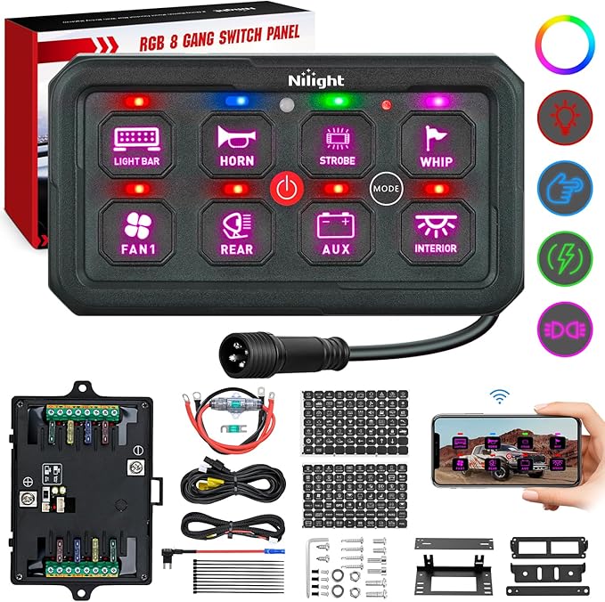 Nilight 8 Gang Switch Panel Circuit Control Relay System APP RGB Backlight Double Row Fuse Wiring Harness Toggle Momentary Strobe Flash Modes Automatic Dimmable 12V 24V for Car Truck Camper SUV
