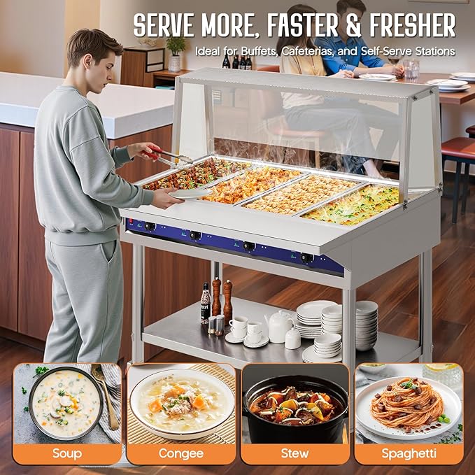 Jocisland 4-Pan 96QT Commercial Food Warmer, 1800W Stainless Steel Buffet Server with Independent Temp Controls, Acrylic Shield, Undershelf, Wheels, Food Tongs, 110V