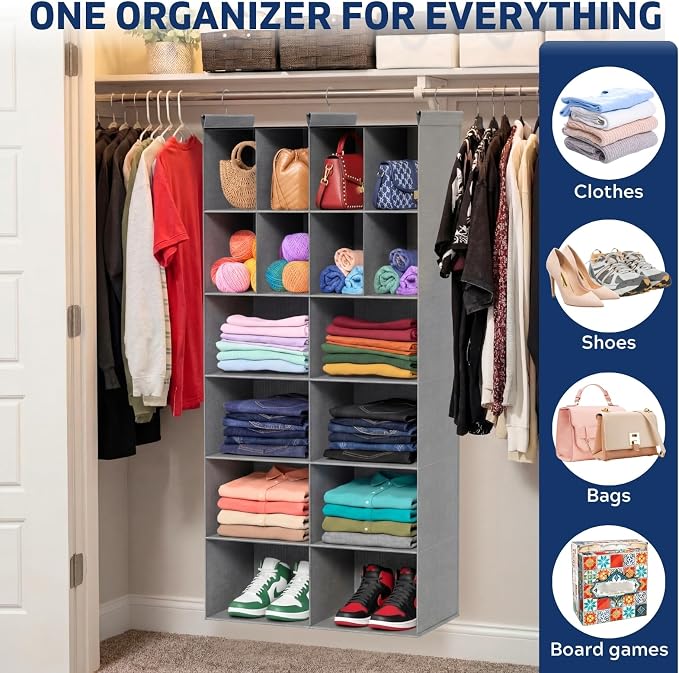 6 Tier Hanging Closet Organizer, 16 Compartments Dual Row Storage, 3 Sturdy - Image 6