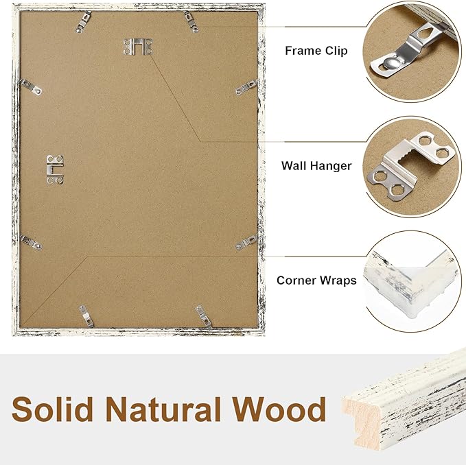 Vittanly 12x16 Picture Frame, Solid Wood Frame with Plexiglass, Includes 8.5x11 Mat, Wall Hanging for Photos, Home Decor, Distressed White, 1 Pack