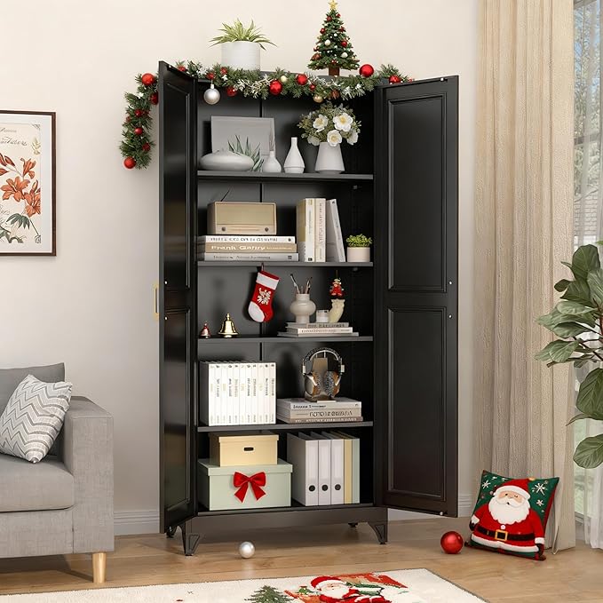 Kitchen Pantry Cabinet,75”Black Metal Storage Cabinets with Doors and 4 Adjustable Shelves,Kitchen Cabinet with 2 Gold Handles,Tall Cabinet for Livingroom, Bathroom