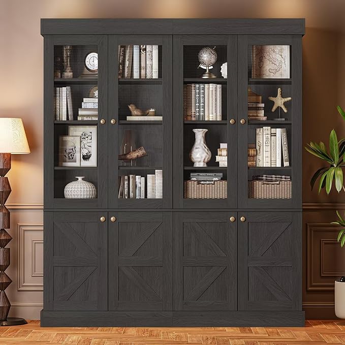 Vyre 71" Tall Farmhouse Kitchen Pantry, Set of 3 Large Storage Cabinets with Glass Doors, Adjustable Shelves, Wood Versatile Hutch Cabinet for Living Room, Dining Room, Black