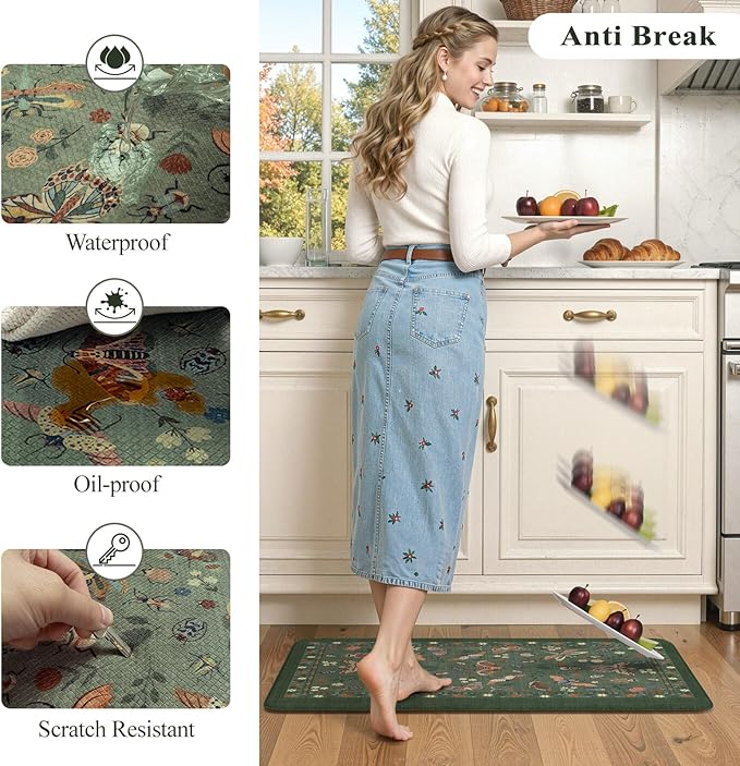 LEEVAN Anti Fatigue Mats for Kitchen Floor Non-Slip, Cushioned Kitchen Mats for Floor 20''x31'', Green Memory Foam Kitchen Mat Set, Waterproof Ergonomic Green Ding Mat for Bar, Office,Desk, Laundry