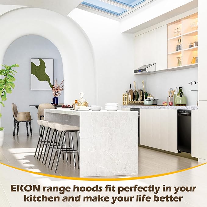 EKON 36 BLack New inches Under Cabinet Range Hood, 900 CFM Stainless Steel Kitchen Chimney Vent, 4 Speed Touch Screen Control With Remote 2Pcs 3W LED lights Dishwasher-safe Filters Fan Timer