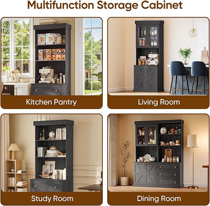 71" Tall Farmhouse Kitchen Pantry, Black Large Storage Cabinet with Glass Doors and Drawers, Freestanding Coffee Bar Hutch with Microwave Stand, Adjustable Shelves for Kitchen or Living Room, Set of 4