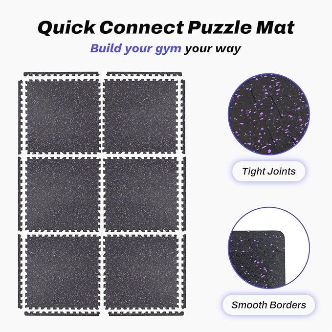 AIRHOP 0.56in Thick 24 Sq Ft Exercise Equipment Mats, 6 Tiles Upgraded Rubber Top with High Density EVA Foam, Large Interlocking Puzzle Gym Flooring for Home Gym, Heavy Weight Workout, 24 x 24in