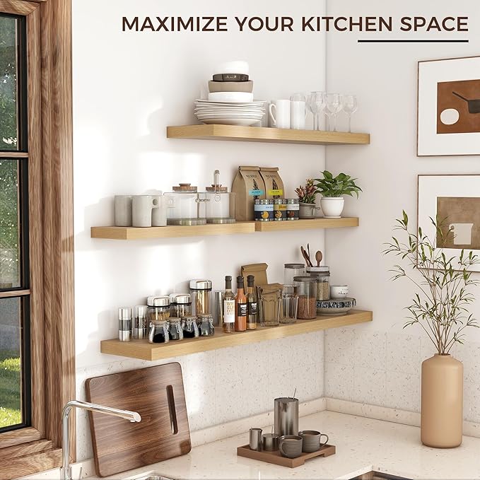 Floating Shelves for Wall 36"W x 7.8"D x 1.5"H, Engineered Wood Wall Shelves with Invisible Brackets for Living Room Bedroom Bathroom Office Kitchen Decor and Storage, Oak Finish, Set of 2