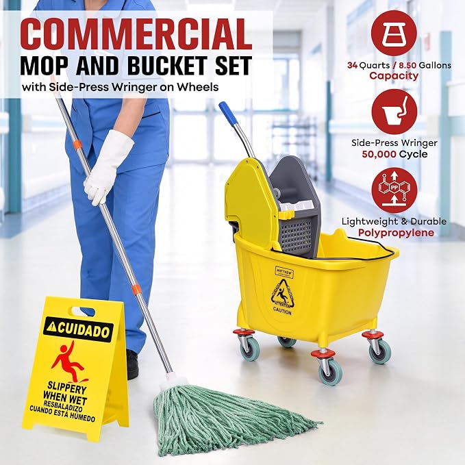 MATTHEW CLEANING 34Quarts Commercial Mop Bucket INCL.Wet String Mop - Image 7