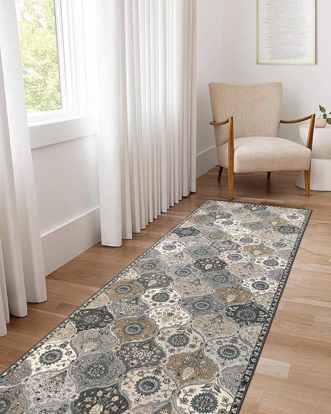 Lahome Moroccan Kitchen Runner Rug, 2'5''x8' Ultra-Thin Soft Washable Runner Oriental Non-Slip Hallway Rug Indoor Throw Carpet for Entryway Bedroom Laundry Room Foyer, Grey