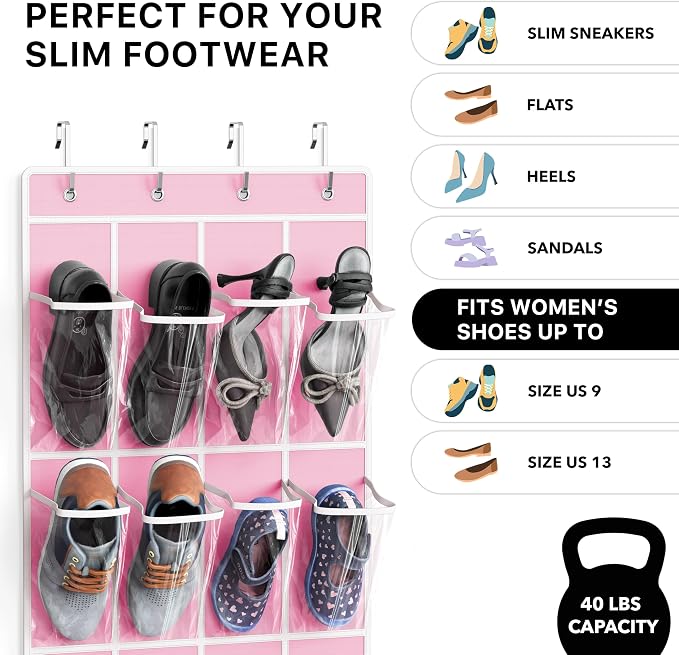 Simple Houseware 24 Pockets Clear Over the Door Shoe Organizer, 4 Durable Metal - Image 3
