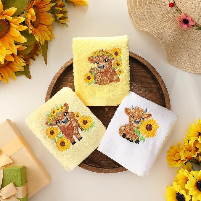3 Pcs Sunflower Highland Cow Hand Towels Bathroom Kitchen Decor | Embroidered - Image 6