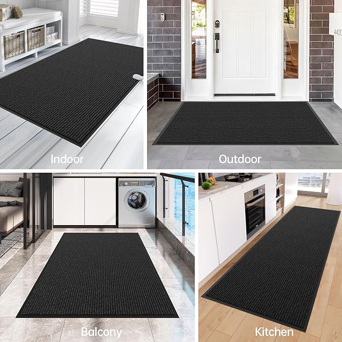 Front Door Mat, 4' x 3' Heavy Duty Indoor Outdoor Door Mat Entrance, Commercial Welcome Mats, Stain and Fade Resistant, Durable Rubber Backing, Low Profile Entry Mat for Patio, Black Stripe