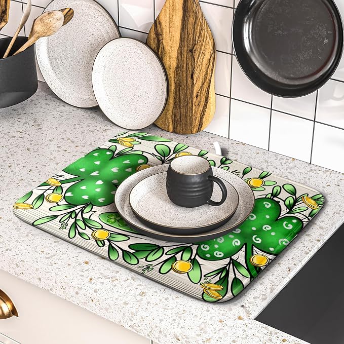 St Patrick's Day Shamrock Dish Drying Mat 16x18 inch Eucalyptus Leaves Dishes - Image 5