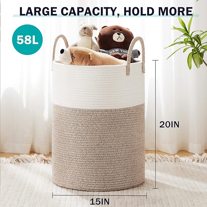 YOUDENOVA Woven Rope Laundry Hamper Basket, 58L Tall Laundry Basket, Baby - Image 2