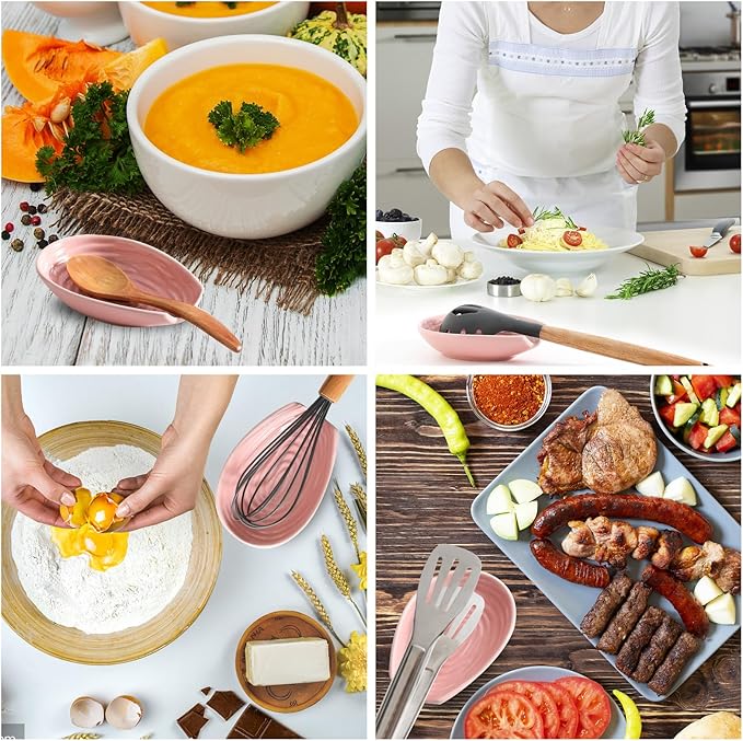 Spoon Rest for Kitchen Counter, Ceramic Cooking Spoon Holder for Stove Top, Porcelain Utensil Rest for Spatula, Ladle, Tong and Spoon, Modern Kitchen Accessories Decor, Pink