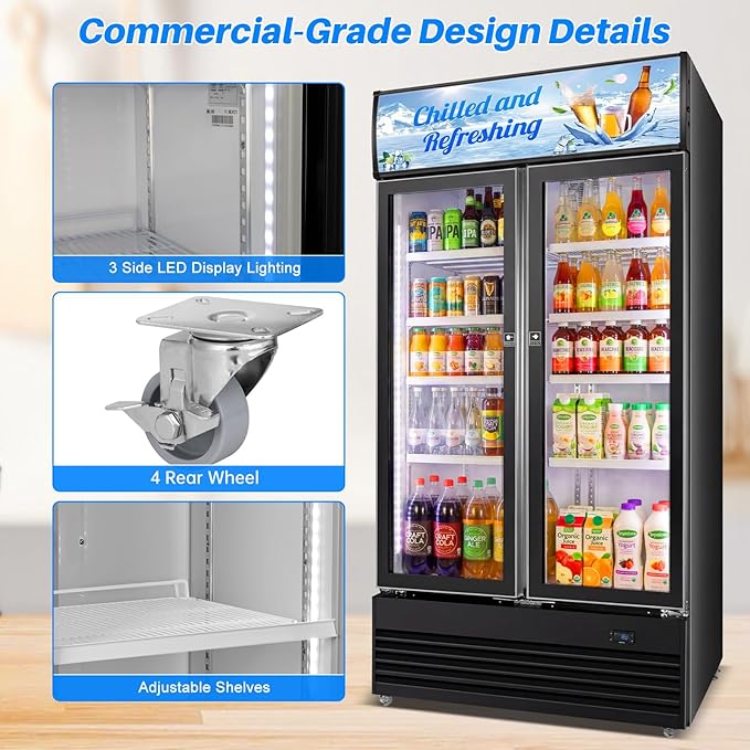 Commercial Display Beverage Fridge, 40″ Double Glass Door Refrigerator, 28.1 Cu.Ft Large Capacity with 8 Adjustable Shelves, Upright Cooler for Shop, Bar & Restaurant