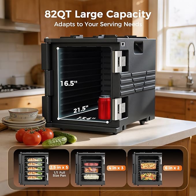 Black 82QT Non-Electric Hot Box Food Warmer with Wheels, 304 Stainless Steel Latch, Insulated Food Carrier for 5 Full-Size Pans(NOT Included), Food Warmer Box Hot Boxes for Catering