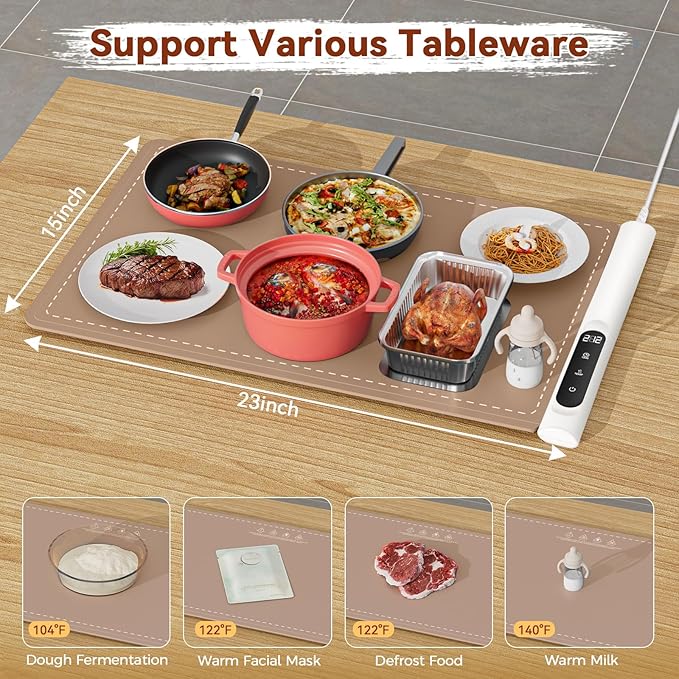 Graphene Warming Mat for Food - Fast Full Surface Heating Electric Warming Tray, Portable Food Warmer for Parties Buffet with 6 Temperature and Timer Settings, Brown