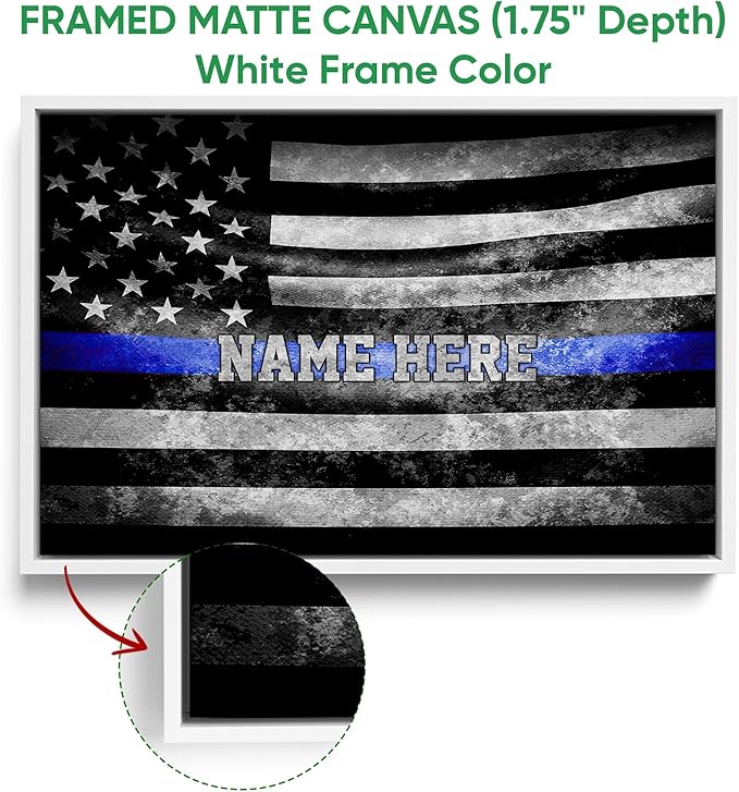 Personalized Police Poster & Framed Canvas, American Flag With Blue Line Home Office Decor, Custom Name Bedroom Living Room Aesthetic Wall Art Gift For Law Enforcement, First Responder