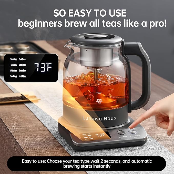 Titanium & Glass Electric Tea Kettle & Tea Maker, Pro Steam Extraction, 11 Temp & 10 Strength Levels, 12H Auto Warm, 1.2L 600W 120V,BPA-Free, 2Infusers