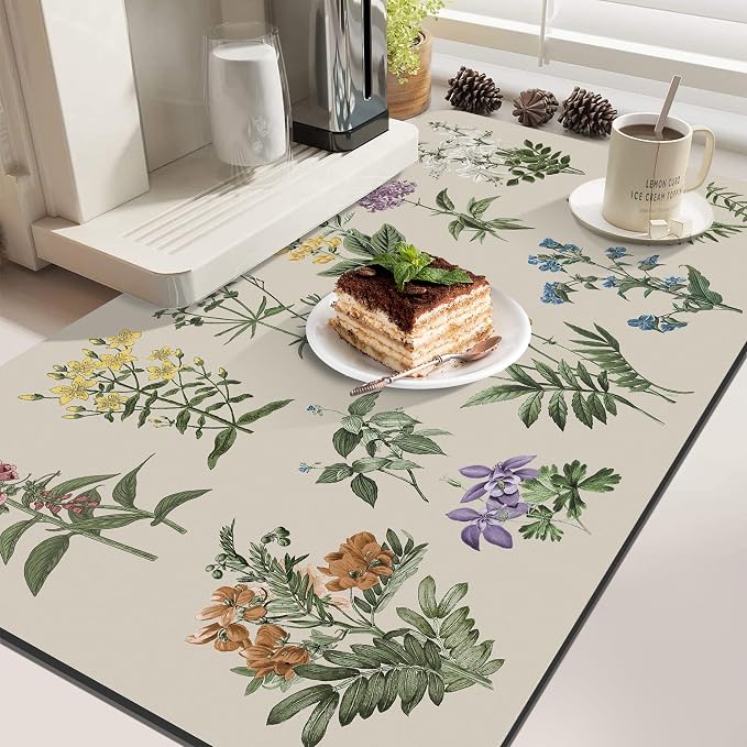 LOKHOM 17"x32" Dish Drying Mat，Vintage Sage Flower Herb Coffee Mat | Ultra - Image 2