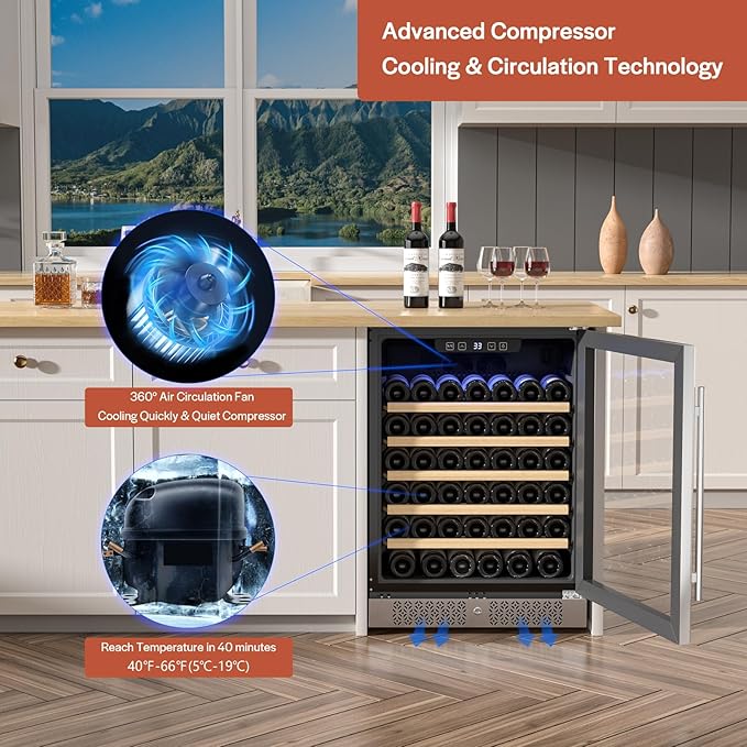Empava Wine Cooler Refrigerator, 24 Inch Wine Fridge Under Counter, 52 Bottle Wine Enthusiast Wine Refrigerator, Low noise, Built in or Freestanding Wine Coolers for Home Office Bar