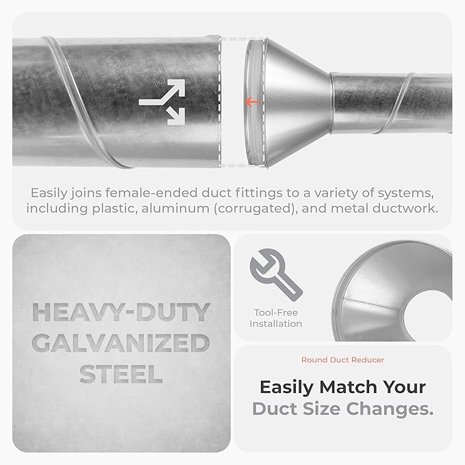 12"" to 6"" Inch Round Duct Reducer - Galvanized Steel Pipe Increaser - Coupling for Round Duct Ventilation Systems - Heating & Cooling, HVAC, Gray