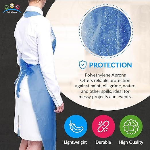 ABC PACK & SUPPLY Blue Plastic Disposable Aprons Adults for Painting, 28 x 46 Inches. Pack of 500 Disposable Plastic Aprons, 1.5 Mil. Unisex Waterproof Polyethylene Painting Apron for Food Industry