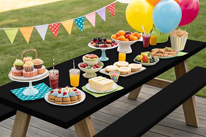 Smiry Picnic Table Cover with Bench Covers, Waterproof Elastic Fitted Polyester Tablecloths for 6 Ft Rectangle Tables, Washable Windproof Tablecloth for Camping, RV & Outdoor (Black, 30x72 Inches)