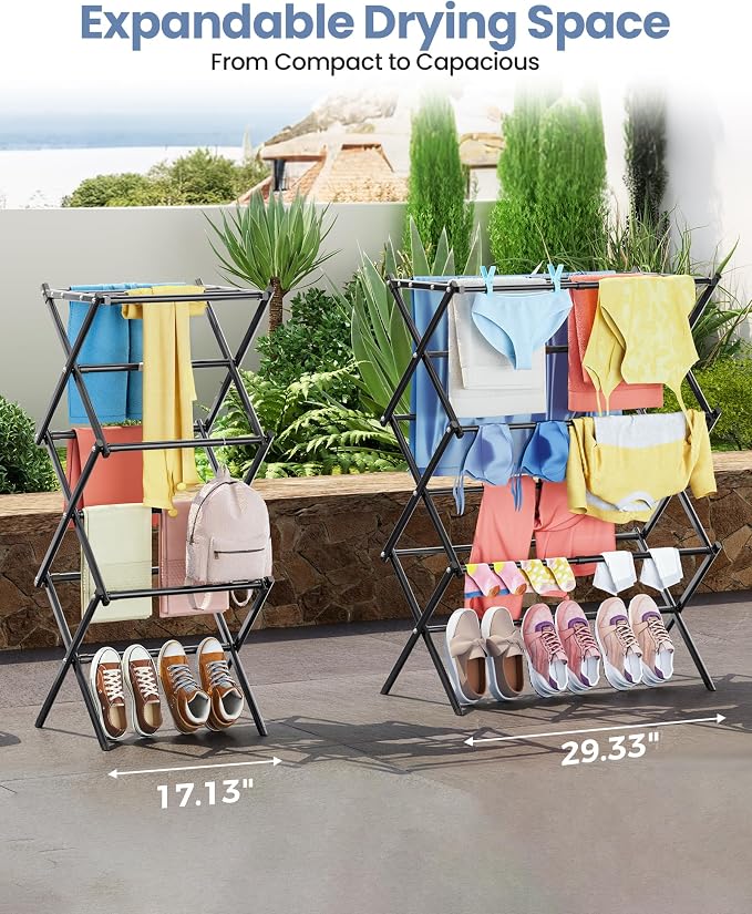 Oversize 3-Tier Clothes Drying Rack, No Install, Non-slip feet, Tool-free Setup - Image 3