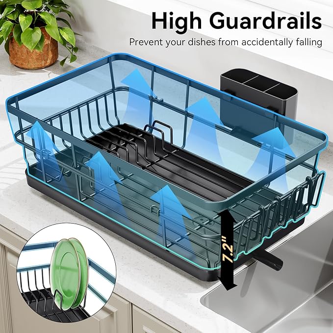 TOOLF Large Dish Drying Rack for Kitchen Counter,Kitchen Dish Racks with Drainboard,Sink Dish Strainer Rack,Countertop Dish Drainer Rack with Cup & Utensil Holders,Black