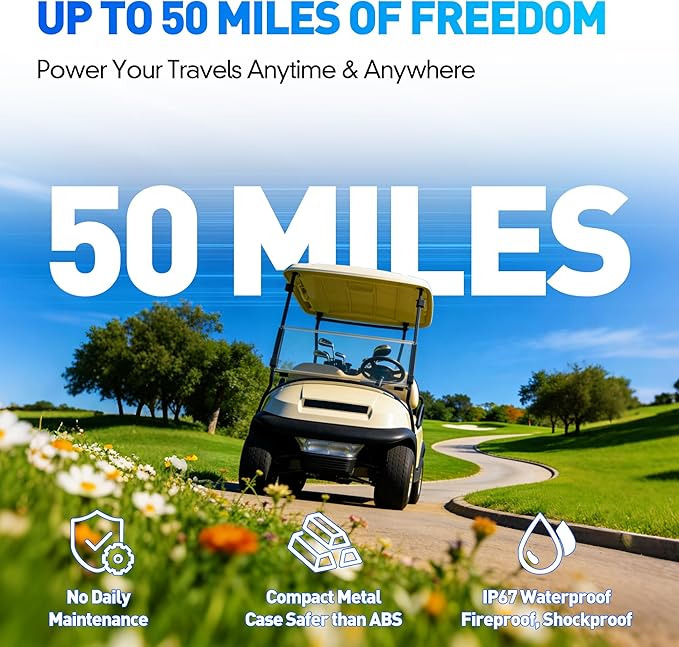 36V 105Ah Lithium Golf Cart Battery with 25A Charger, Built-in 200A BMS, Bluetooth App, IP67 Metal Case, 6000+ Cycles LiFePO4 Battery, Max 7.68kW 50-Mile Range, Seft Heating, Perfect for Golf Cart