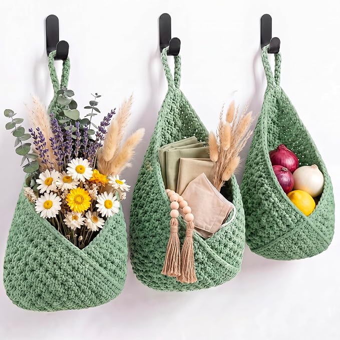 Honeydak 3 Hanging Baskets, Sage Green, Cotton Rope - Image 2