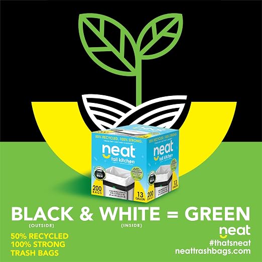 Neat 13 Gallon Drawstring Trash Bags 24" x 25" 200 Count Black & White - Image 9