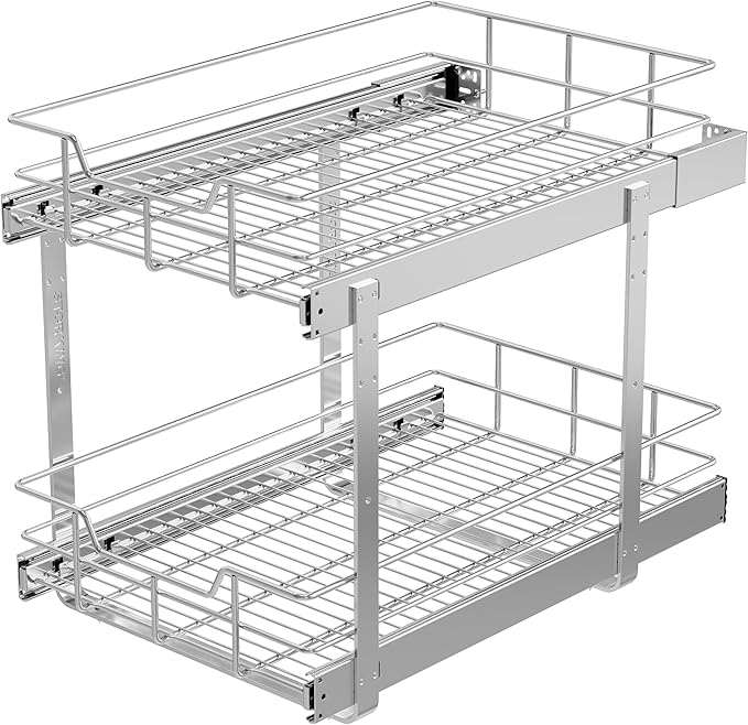 2 Tier Pull Out Cabinet Organizer 15" W X 22" D, Slide Out Drawers For Kitchen Cabinets, Pull Out Drawers For Cabinets Capacity Heavy Duty Caddy, Cabinet Pullout Shelves Chrome-Plated,Bathroom Pantry | Slide Out Drawers, For Kitchen Cabinets, Heavy Dut...