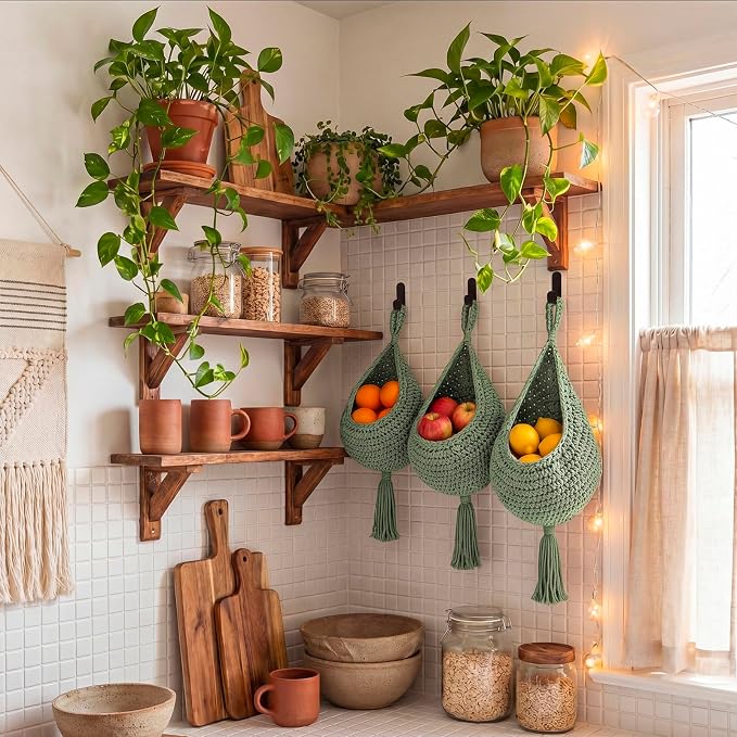 Honeydak 3 Hanging Baskets, Sage Green, Cotton Rope - Image 6