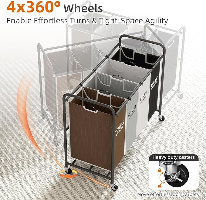 ROMOON Laundry Hamper Sorter Cart, 4-Section Organizer - Image 7