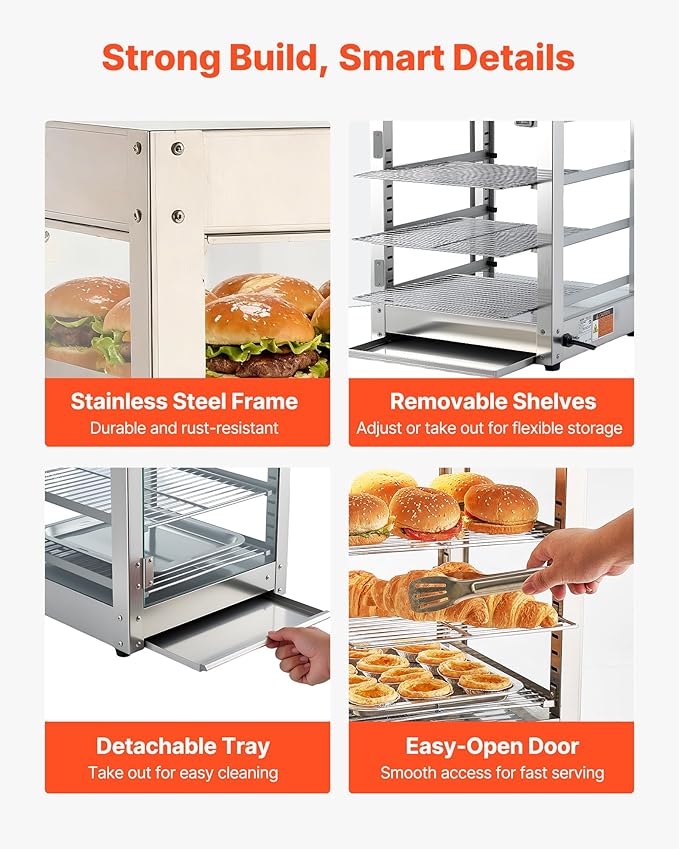 VEVOR 3-Tier Commercial Food Warmer Display, 800W Food Display Warmer with LED Light, Adjustable Shelf and Stainless Steel Frame, 86℉~185℉ Air Heating, 34L for Hamburger, Pizza, Bread, Fried Chicken