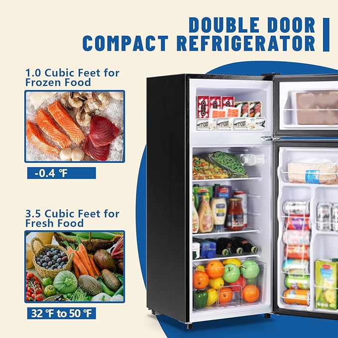 4.5 CU.FT Capacity Compact Refrigerator with Freezer Double Door Mini Fridge Small Apartment Refrigerator with 7 Adjustable Temp Control & 3 Glass Shelves for Kitchen Office Dorm Black