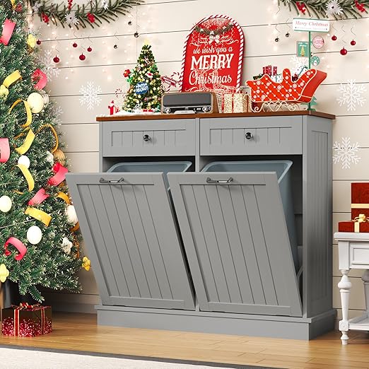 Tilt Out Trash Can Cabinet with Double Hidden Can Holder, Kitchen Free Standing Recycling Cabinet, Dog Proof, Wood, Gray