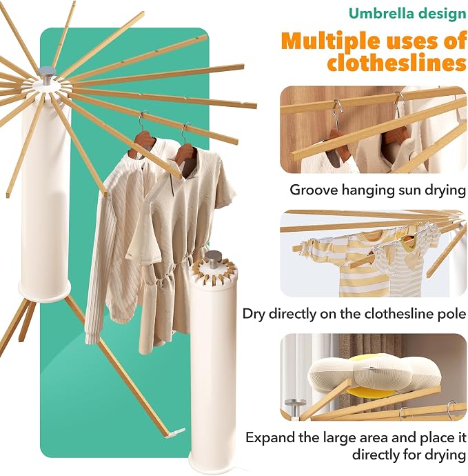 Heavy-Duty Wooden Tripod Clothes Drying Rack, 16 Rods, Large Capacity, 360° - Image 4