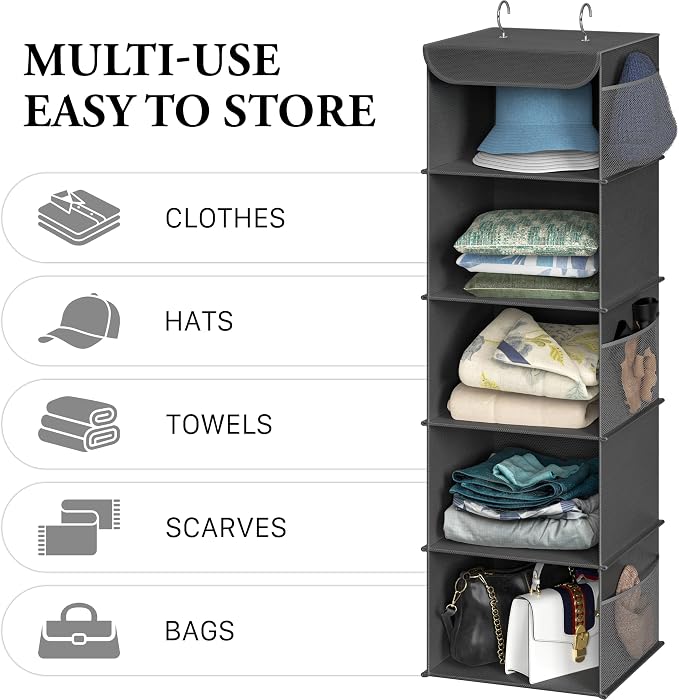 Simple Houseware 5 Shelf Hanging Closet Organizer, Dark Gray | 360° Rotating - Image 5