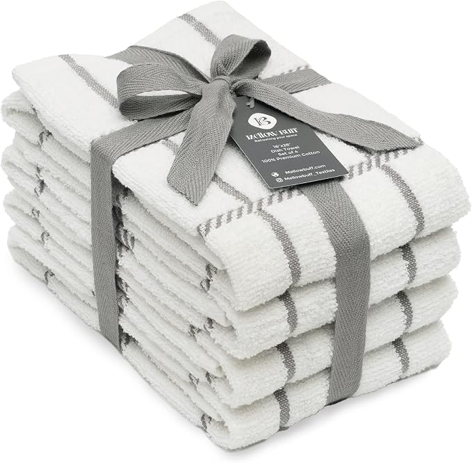 100% Cotton Terry Dish Towels, 4 Pack Checks, 16 x26 Inches, Super Soft and by Ecotribe