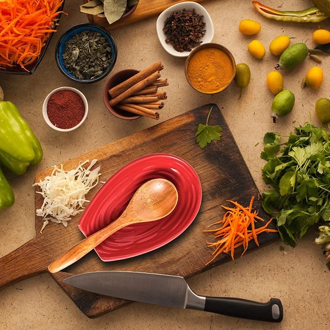 Hasense Spoon Rest for Stove Top, Large Ceramic Cooking Spoon Holder for Kitchen Counter, Porcelain Spatula Rest for Kitchen Utensils, Ladle and Tong, Home and Coffee Bar Decor, Red